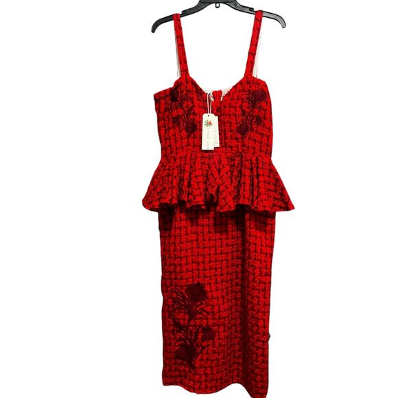 $429 Fanm Mon GULIA Corset Peplum Embroidered Tweed Midi Dress | Red Sz XL NWT - Picture 8 of 16